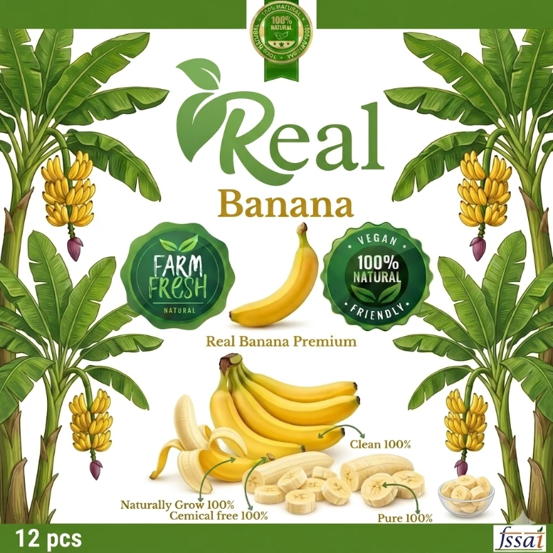 Premium Real Banana product packaging, 100% natural and healthy